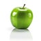 Green single realistic shiny apple with reflection on white background. AI generative illustration