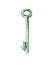 Green single-sided key with a hole on top drawn in the style of a watercolor sketch on a white background isolated