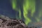 Green sky with aurora, clouds, stars and mountain snow.