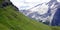 Green slope in contrast with snowy peaks in Dolomites