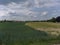 Green and sloping fields near the village and the forest. Cloudy sky