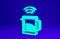 Green Smart electric kettle system icon isolated on blue background. Teapot icon. Internet of things concept with
