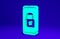 Green Smartphone with closed padlock icon isolated on blue background. Phone with lock. Mobile security, safety