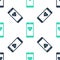 Green Smartphone with heart rate monitor function icon isolated seamless pattern on white background. Vector