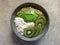 Green smoothie bowl with buckwheat, kiwifruit and chia pudding