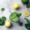 Green smoothie with pears, lemons, and basil leaves