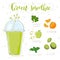 Green smoothie recipe. With illustration of ingredients. Hand draw spinach, orange, apple, kiwi, mint. Doodle style