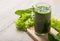 Green smoothie with spirulina. Young barley and chlorella spirulina. Detox superfood