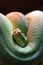 Green snake coiled with head in focus