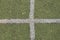 Green soccer field with dividing white stripe close up