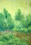 Green soft pastel illustration of trees and pound