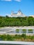 Green spaces of Madrid Rio with the Almudena Cathedral in background.