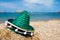 Green Spanish straw hat at beach