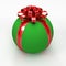 Green spherical gift box with red ribbon