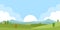 Green spring countryside landscape with trees, sun, blue sky and mountains vector illustration.