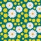 Green spring seamless pattern with light flowers: white camomile and yellow buttercup isolated on dark blue background