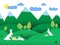 Green spring sunny  lawns with bunnies, eggs, trees and mountain. Greeting card, background made in vector