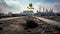 A green sprout against a blurred cityscape. A small plant growing against the background of buildings or factories