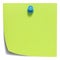 Green square sticky note, with a blue pin, isolated