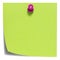 Green square sticky note, with pink pin, isolated