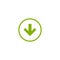 Green squared arrow down in green circle icon. flat download