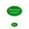 Green store logo. Grocery store emblem. Letters and G letter with leaf, isolated on a round badge.