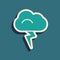 Green Storm icon isolated on green background. Cloud and lightning sign. Weather icon of storm. Long shadow style. Vector