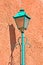 Green street lamp with pylon on brown rough wall, power diversity,
