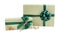 Green stripe paper wrap gift box ribbon bow cinamon decoration isolated