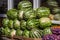 Green striped ripe large watermelons and yellow melons and red potatoes in blue nets