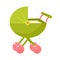 Green Stroller With Pink Wheels And Closed Hood, Object From Baby Room, Happy Childhood Cute Illustration