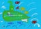 Green submarine and fishes in the deep sea, child`s drawing