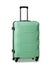 Green suitcase with retractable handle and wheels. Plastic travel luggage suitcase is reliable travel companion