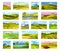 Green Summer Landscape with Field, River and Mountains Big Vector Set