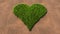 Green summer lawn grass symbol shape on brown soil or earth background, heart sign