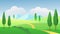 Green summer nature landscape vector illustration, cartoon flat sunny day panoramic scenery with natural greenery, trees