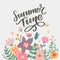 Green summer time letter flowers in modern style on colorful background. Greeting invitation vector illustration. Floral bouquet