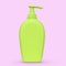 Green sunscreens bottle or sunblock cream tube isolated on pink background.