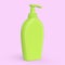 Green sunscreens bottle or sunblock cream tube isolated on pink background.