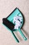 Green sweeping brush dustpan with garbage, housework