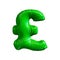 Green symbol pound sterling made of inflatable balloon isolated on white background.
