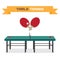 Green table for tennis and rackets. Equipment for ping-pong. Fla