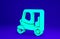 Green Taxi tuk tuk icon isolated on blue background. Indian auto rickshaw concept. Delhi auto. Minimalism concept. 3d