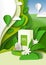 Green tea ads template, vector illustration. Herbal tea packaging box teabag mockup, paper cut green leaves, plantations
