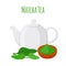 Green tea - asian drink. Teapot, leaves of matcha tea, teakettle