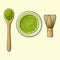 Green tea cup, spoon of matcha powder and bamboo whisk