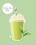 Green tea frappe with whipped cream in take a way cup.