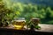 Green tea in glass teapot and cup on wooden table on nature background Ai generative