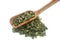 Green tea leaves and wooden scoop