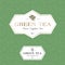 Green tea logo and seamless pattern. Label for elite tea. The leaves and letters in a classic style on a white geometric label.